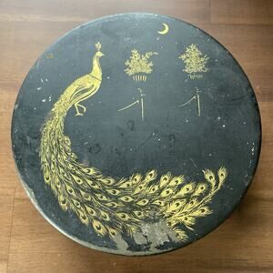 Vintage 1920-30s Round Tindeco Metal Tin Gold Peacock on Black 6”